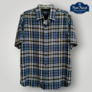 NAT NAST Luxury Originals American Fit Blue Steel Combo Plaid 100% Silk Shirt M